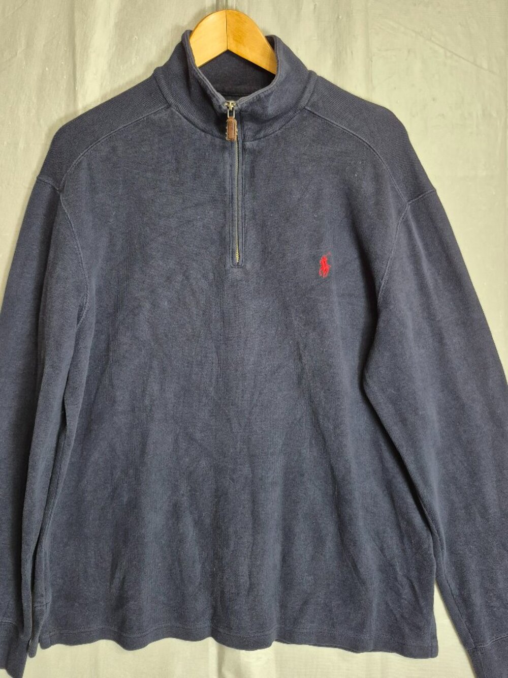 Polo Ralph Lauren Navy Blue Quarter Zip L Sweater Ribbed Knit Luxury Men's Pony